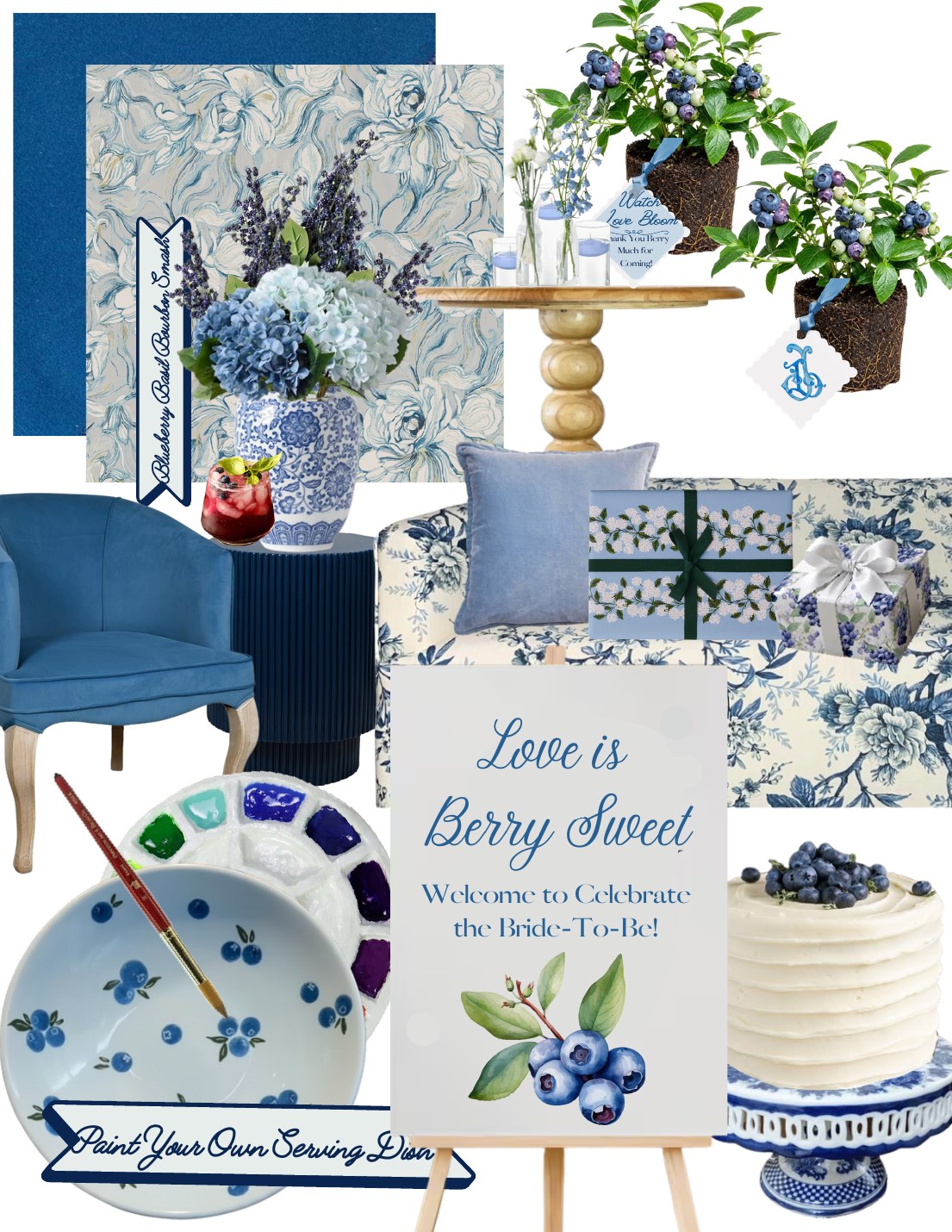 Blue and white blueberry-themed bridal shower mood board with chinoiserie florals, velvet chair, and painted serving dish
