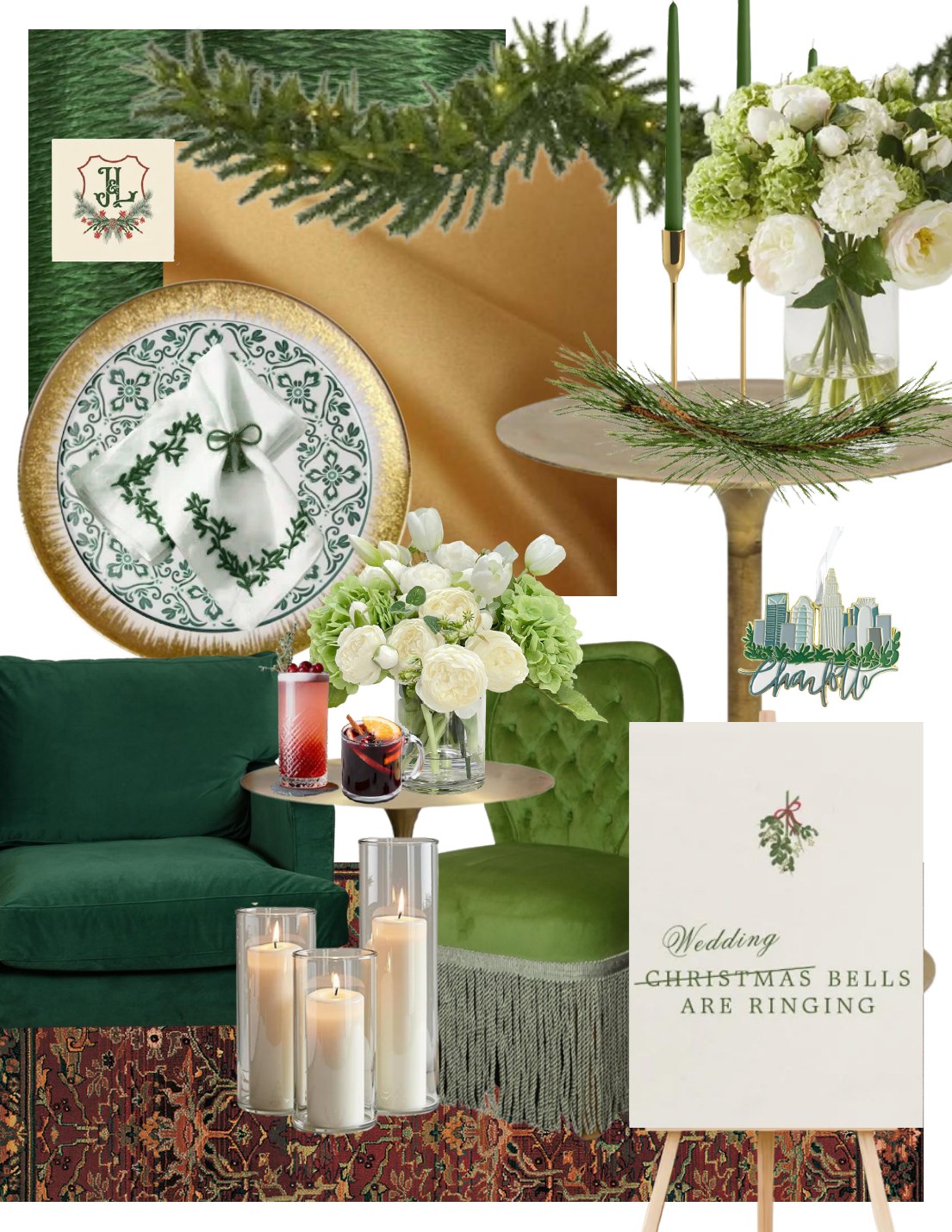 Christmas wedding mood board with emerald velvet seating, cedar garland, green tapers, and white florals