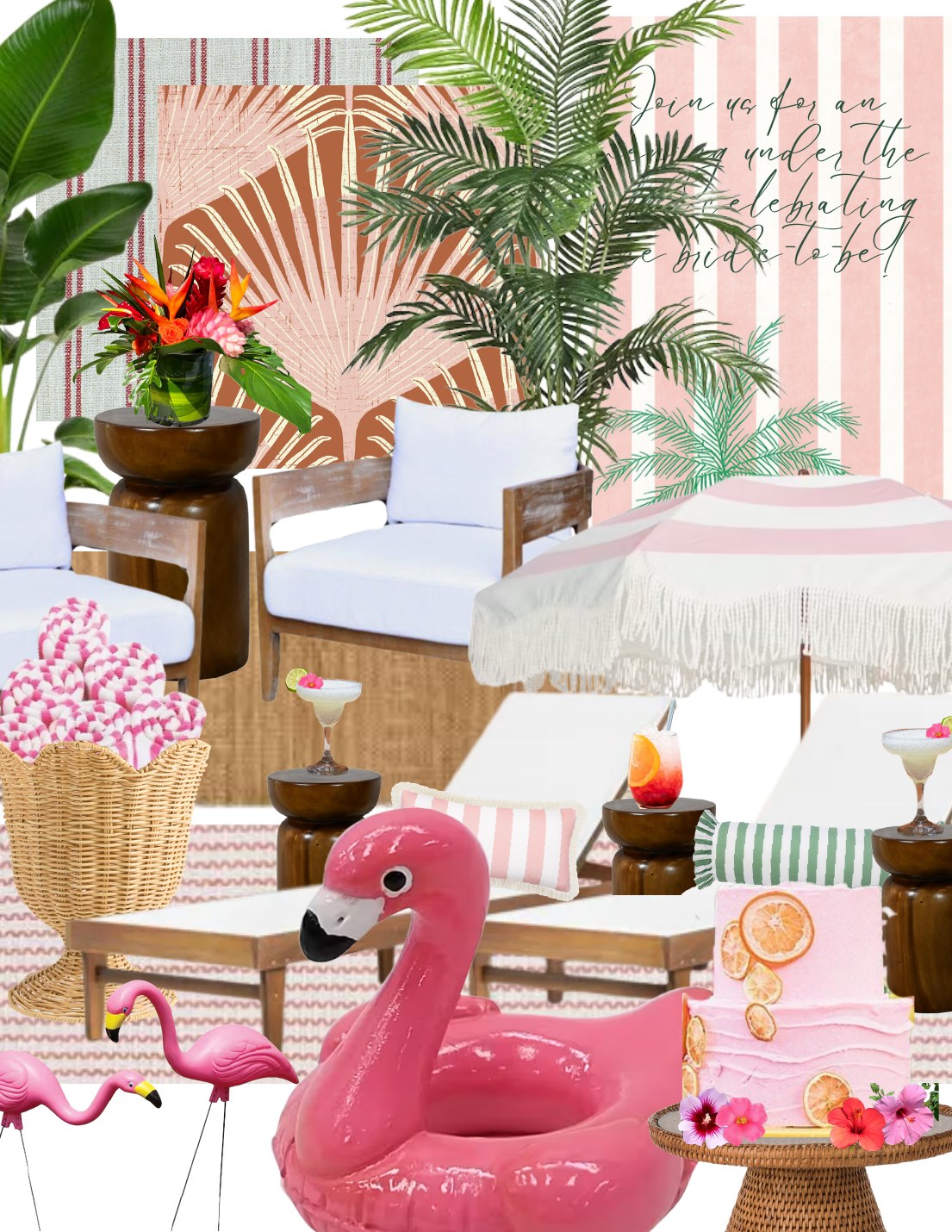 Palm Springs poolside mood board with pink stripes, fringed umbrella, teak lounge, flamingo float, and citrus cake