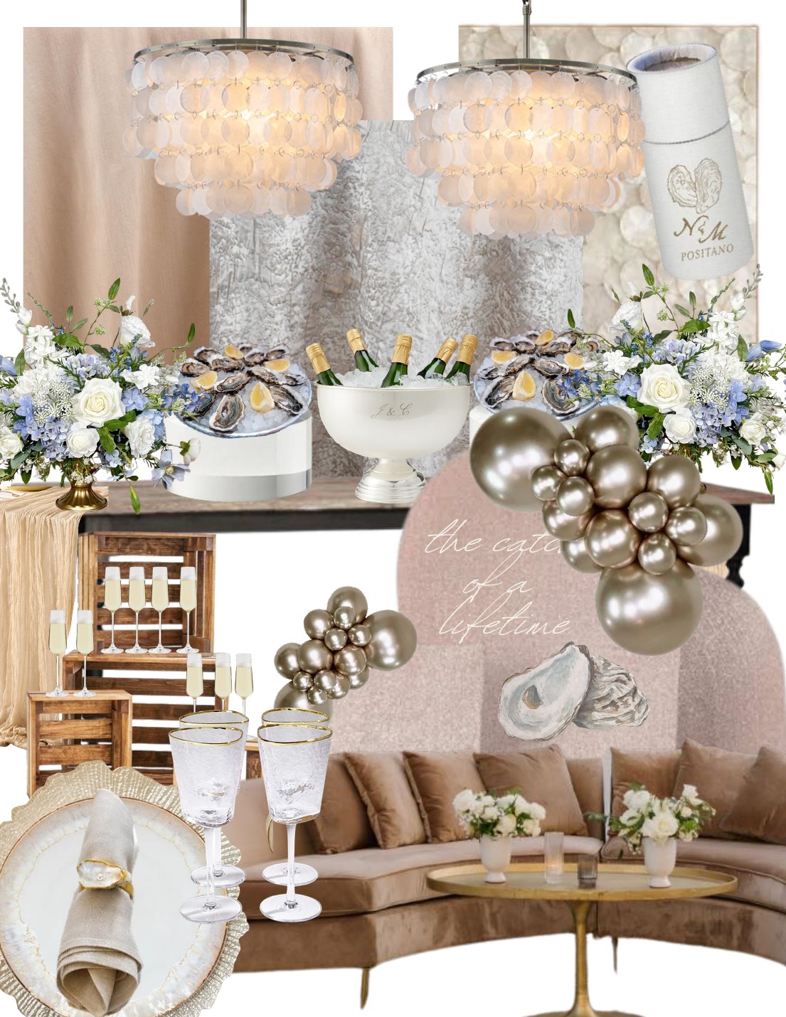 Coastal champagne mood board with capiz shell chandeliers, oysters on ice, chrome balloons, and taupe velvet lounge