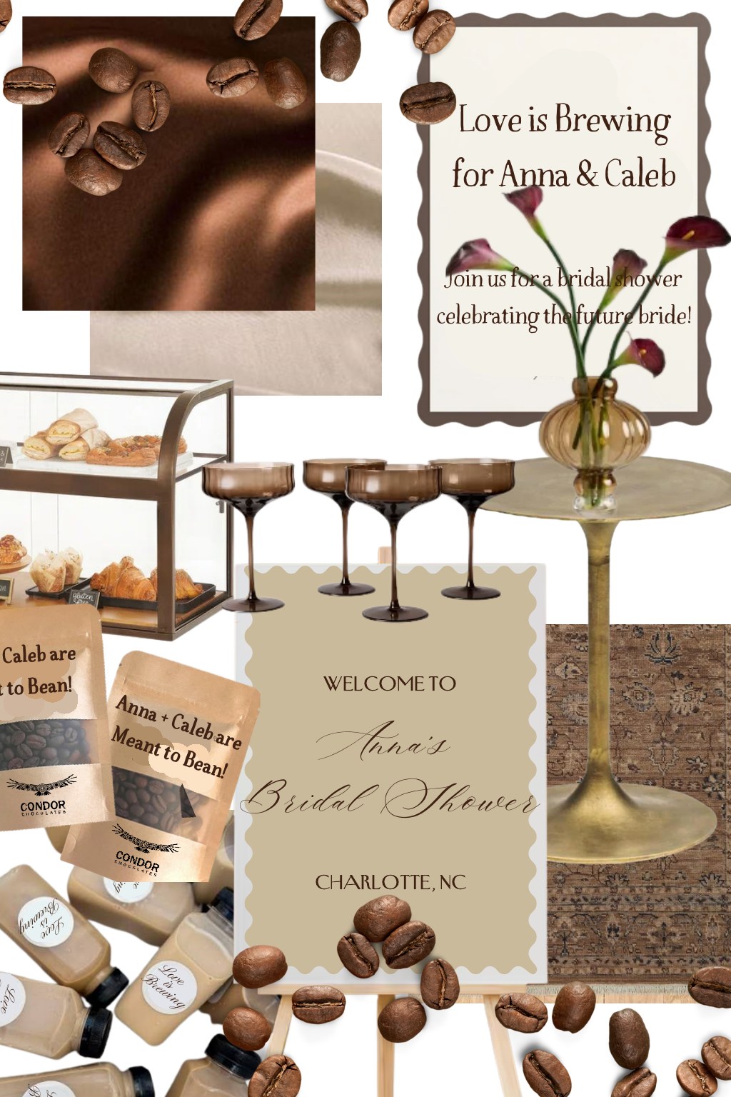 Coffee-themed bridal shower mood board with espresso beans, smoked glass coupes, brass table, and pastry case