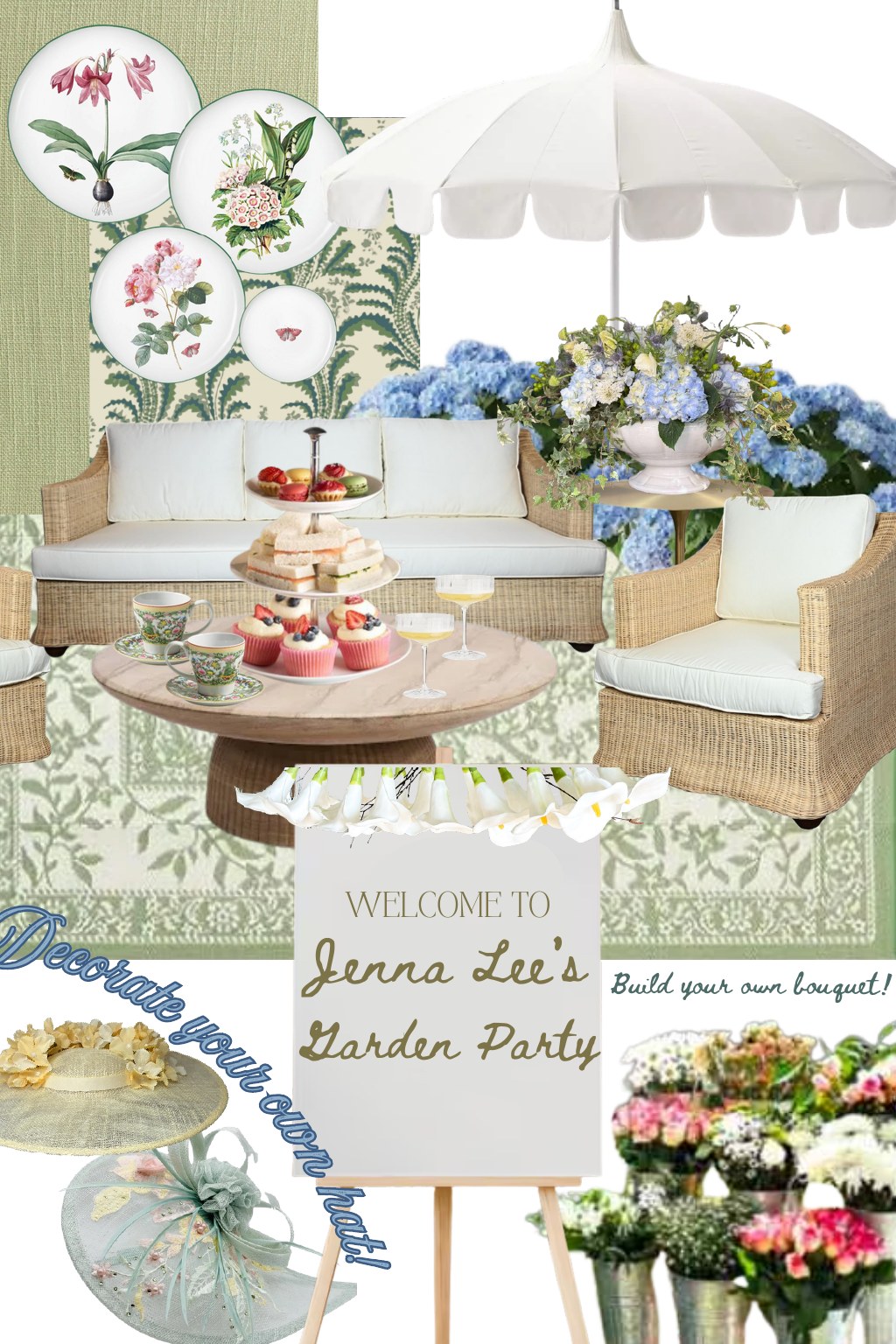 Garden bridal shower mood board with botanical plates, wicker seating, blue hydrangeas, and a welcome sign