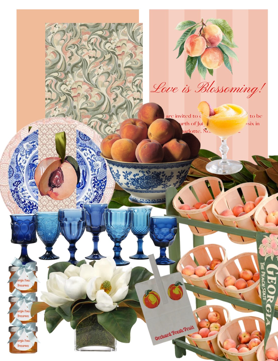 Peach-themed mood board with orchard baskets, blue and white china, cobalt goblets, and magnolia centerpiece
