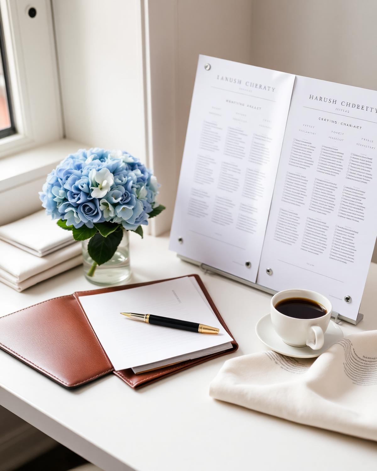 Planning desk with a leather planner, seating chart, and blue hydrangeas