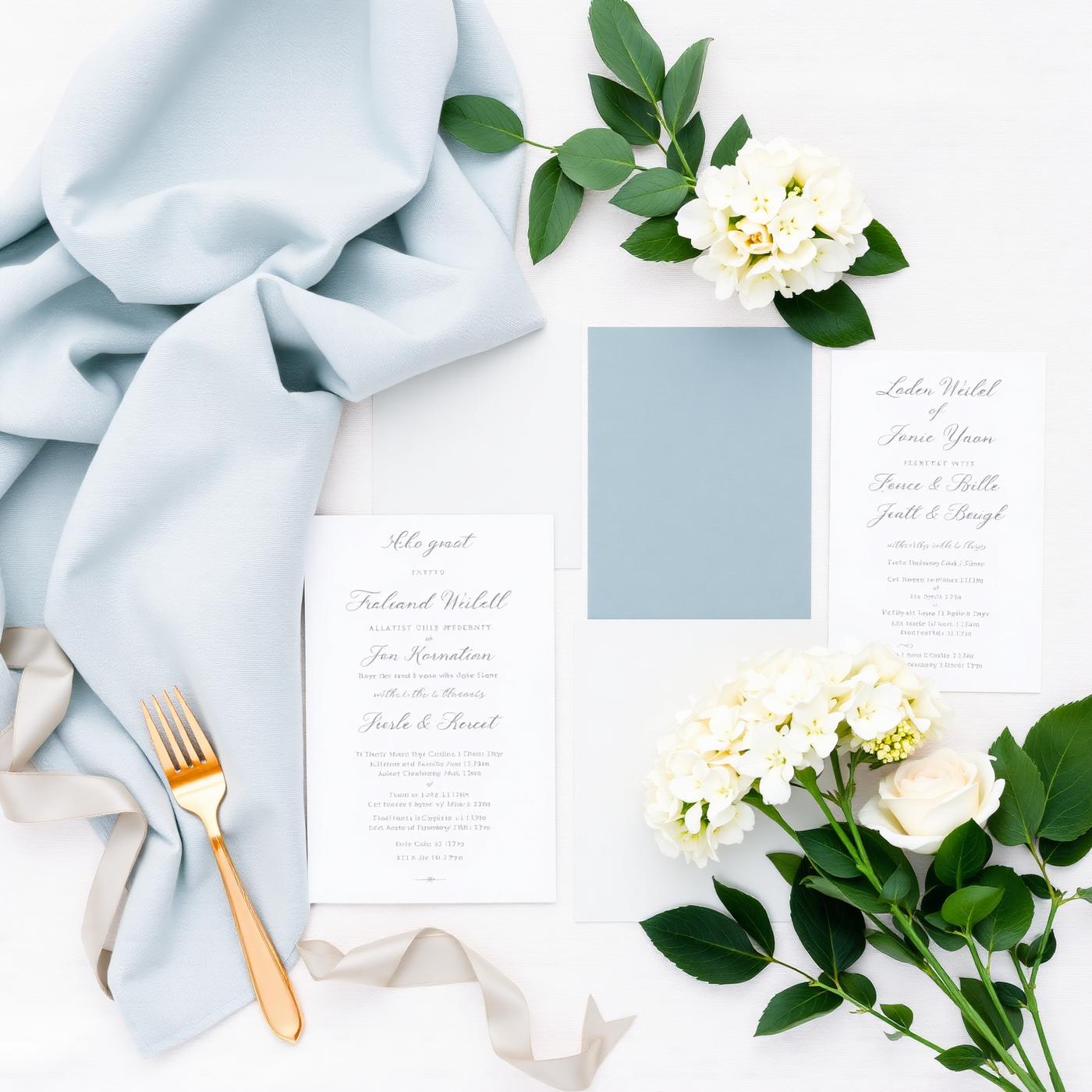 Powder blue and ivory wedding design mood board flat lay