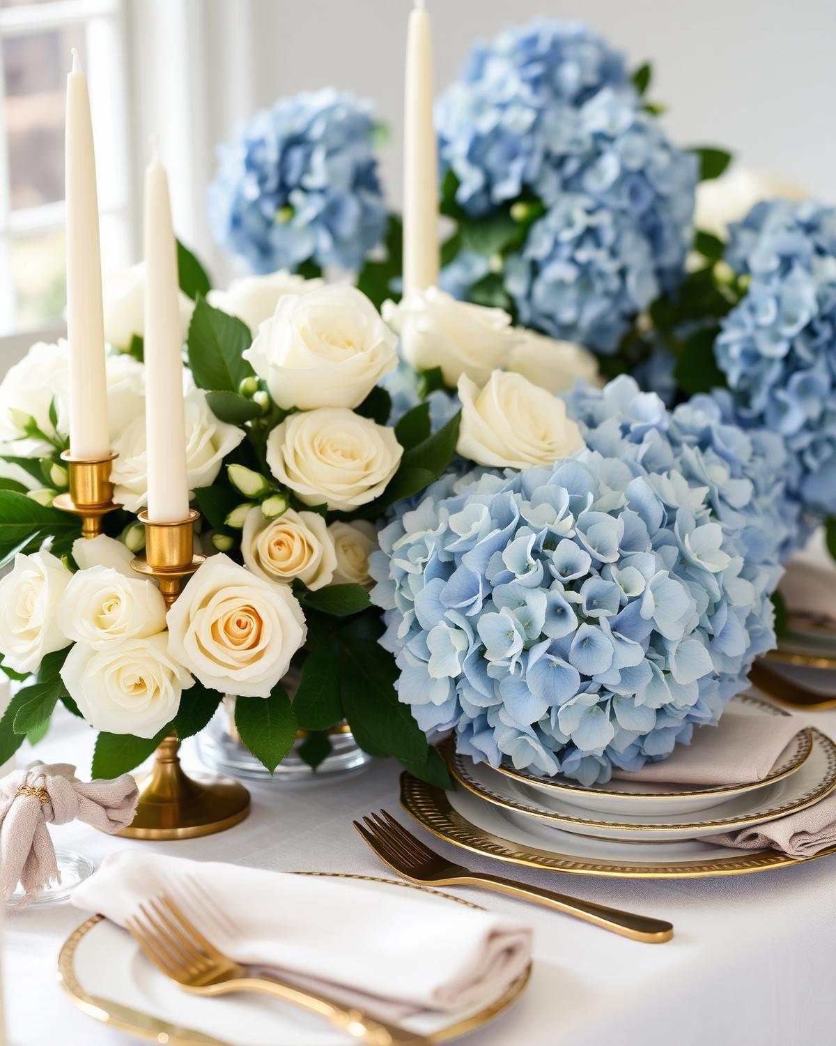 Blue hydrangeas, white roses, taper candles, and fine china on an ivory linen table